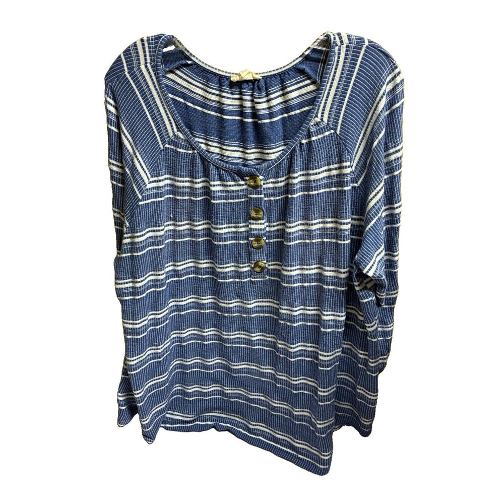 Como Blu Women’s 2X Plus Blue/White Striped Round Neck Henley Knit Top
